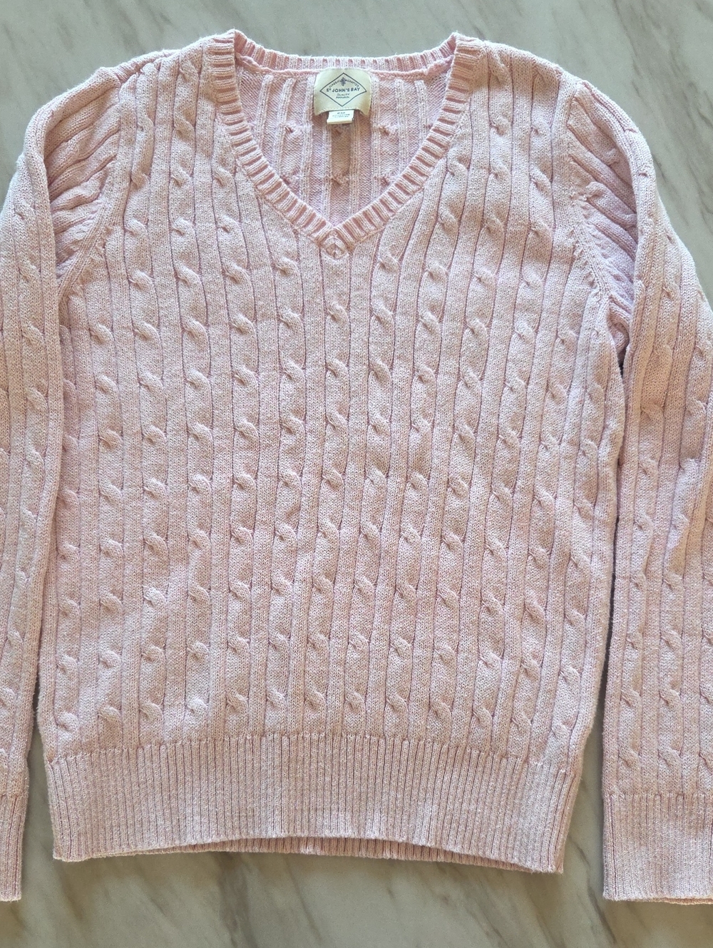 St Johns Bay Light Pink Cable-Knit V-Neck Sweater